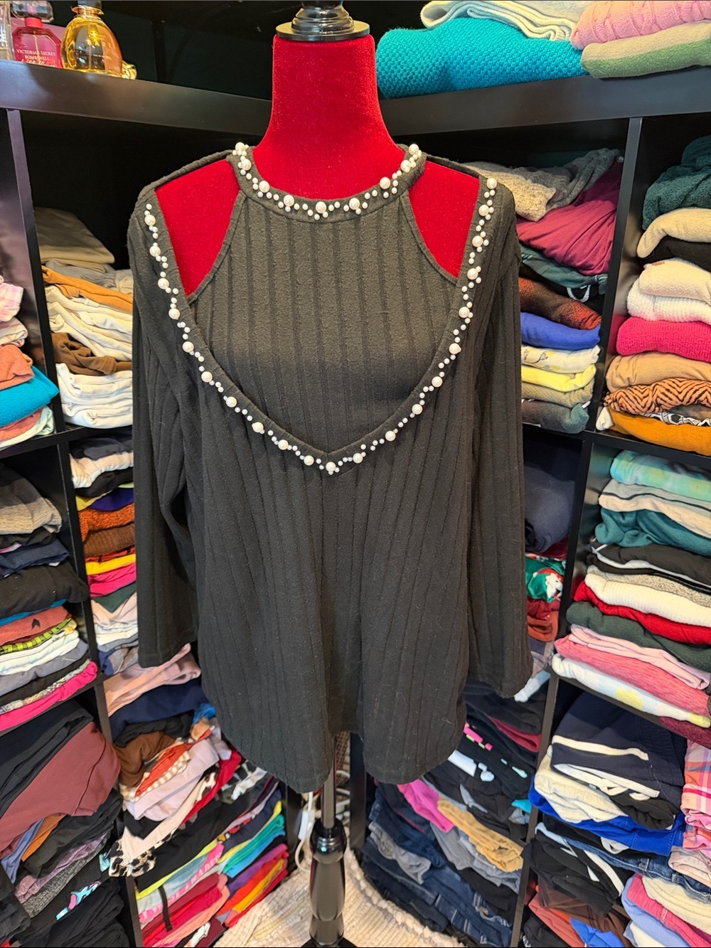 #454. 🪷 bead detail cold shoulder sweater